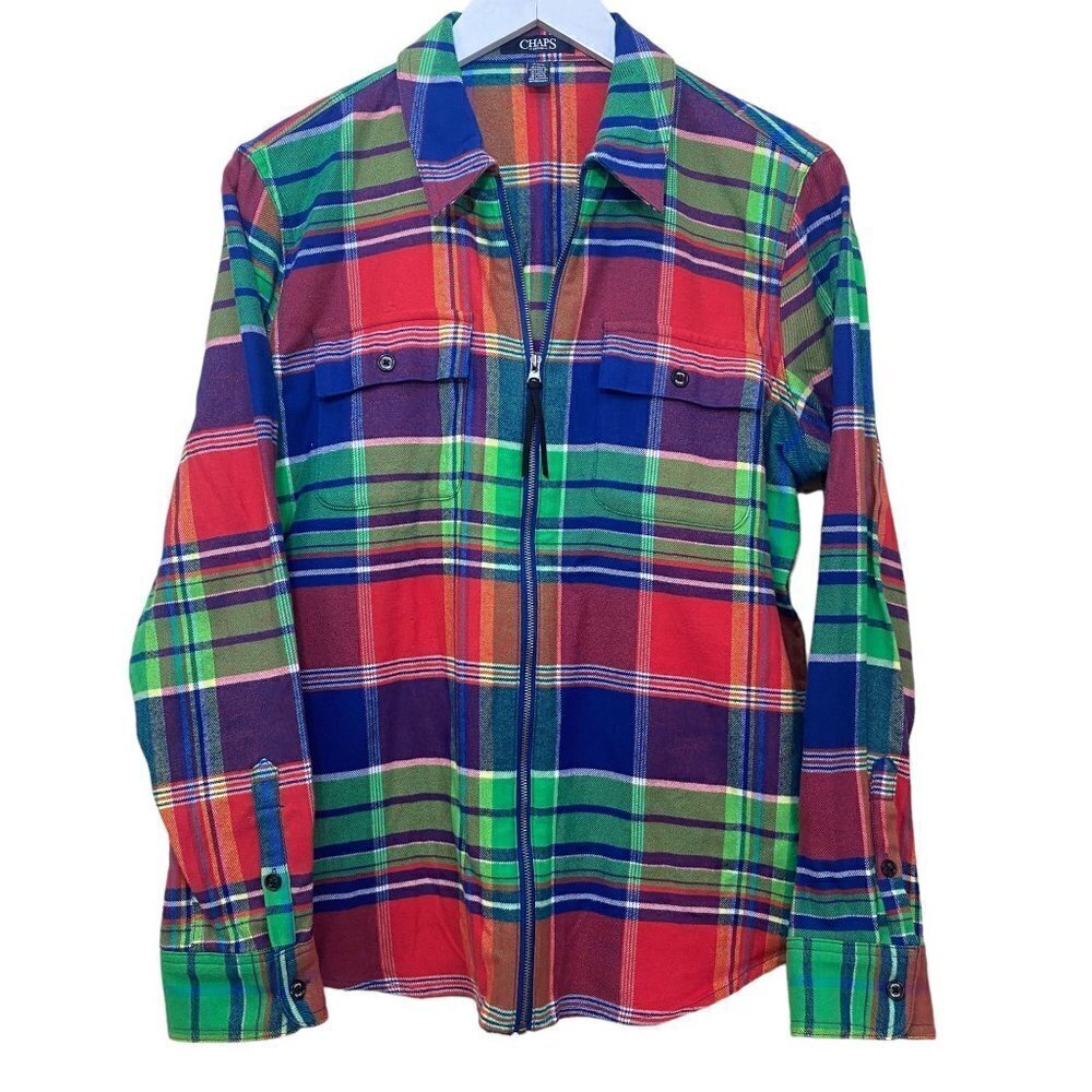 Chaps Zip Front Flannel Shirt Medium Womens Casual Plaid Jacket Top Cotton